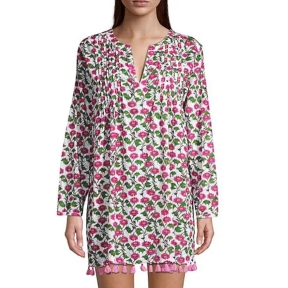ROLLER RABBIT Pink & Green Floral Cotton Tassel Beach Cover Up Dress - Picture 1 of 10